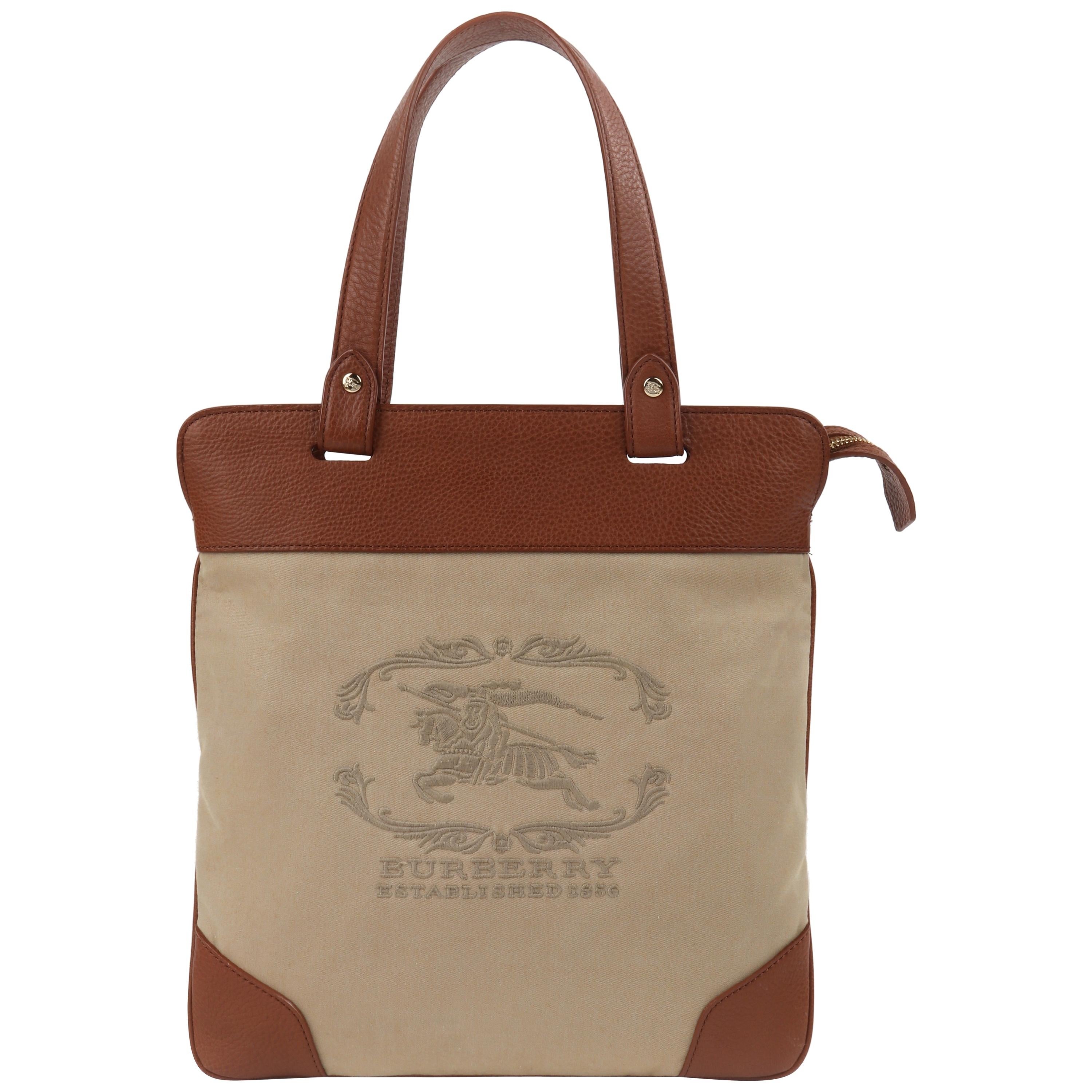 BURBERRY Almond Brown Leather Embroidered Signature Tote Shopper Bag