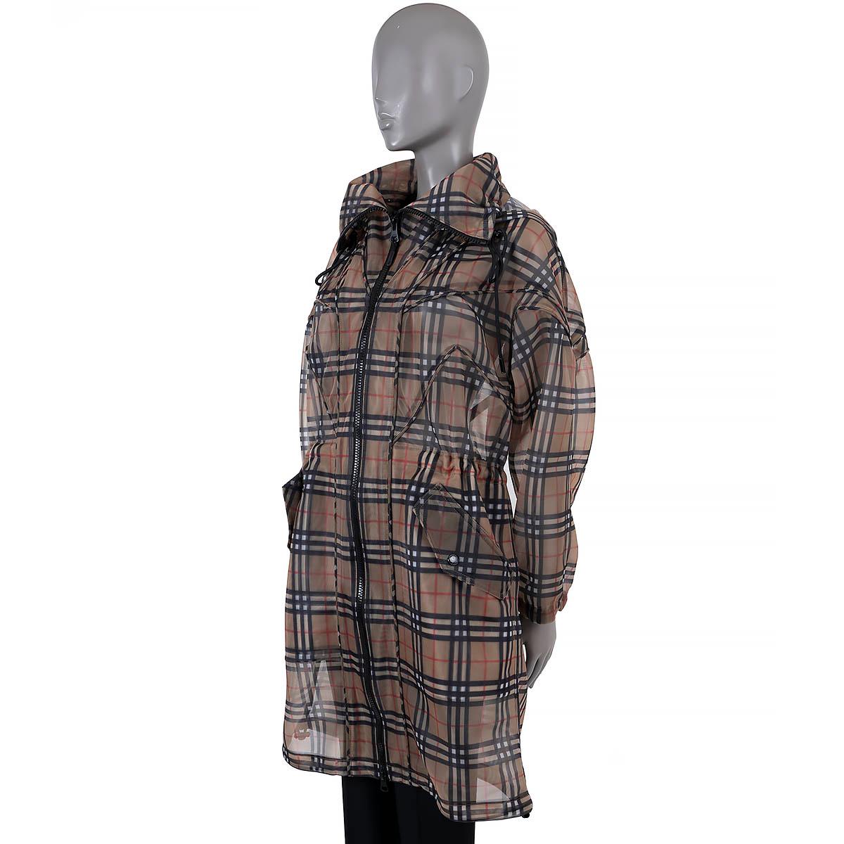100% authentic Burberry 2021 vintage check mesh parka in Archive Beige, black and red polyester (100%). Closes on the front with a zipper. Features two pockets on the front and a hood with a drawstring. Closes on the front with a black zipper and a