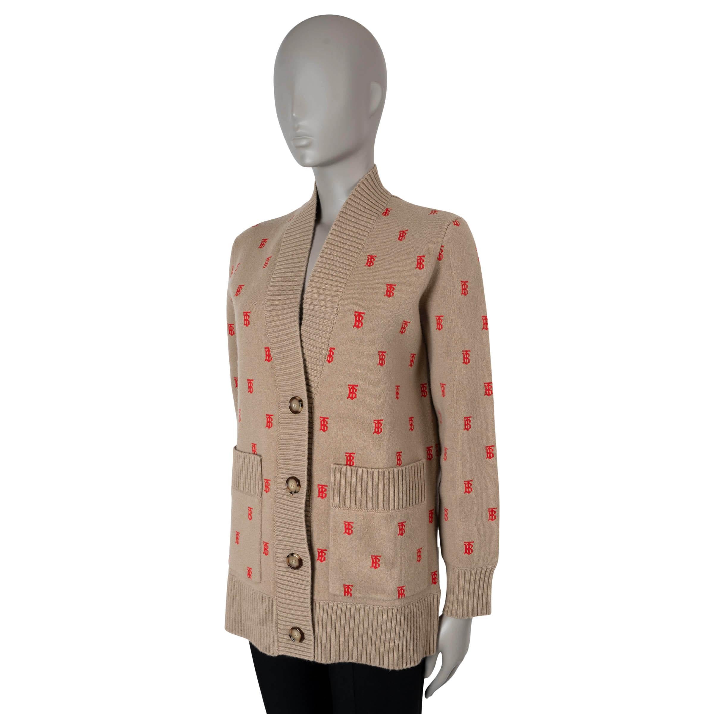 This 100% authentic Burberry knit cardigan in Archive Beige jacquard is crafted from a luxurious blend of wool (40%), polyester (40%), cashmere (17%), polyamide (2%), and elastane (1%). It features an all-over red TB logo, offering a bold and