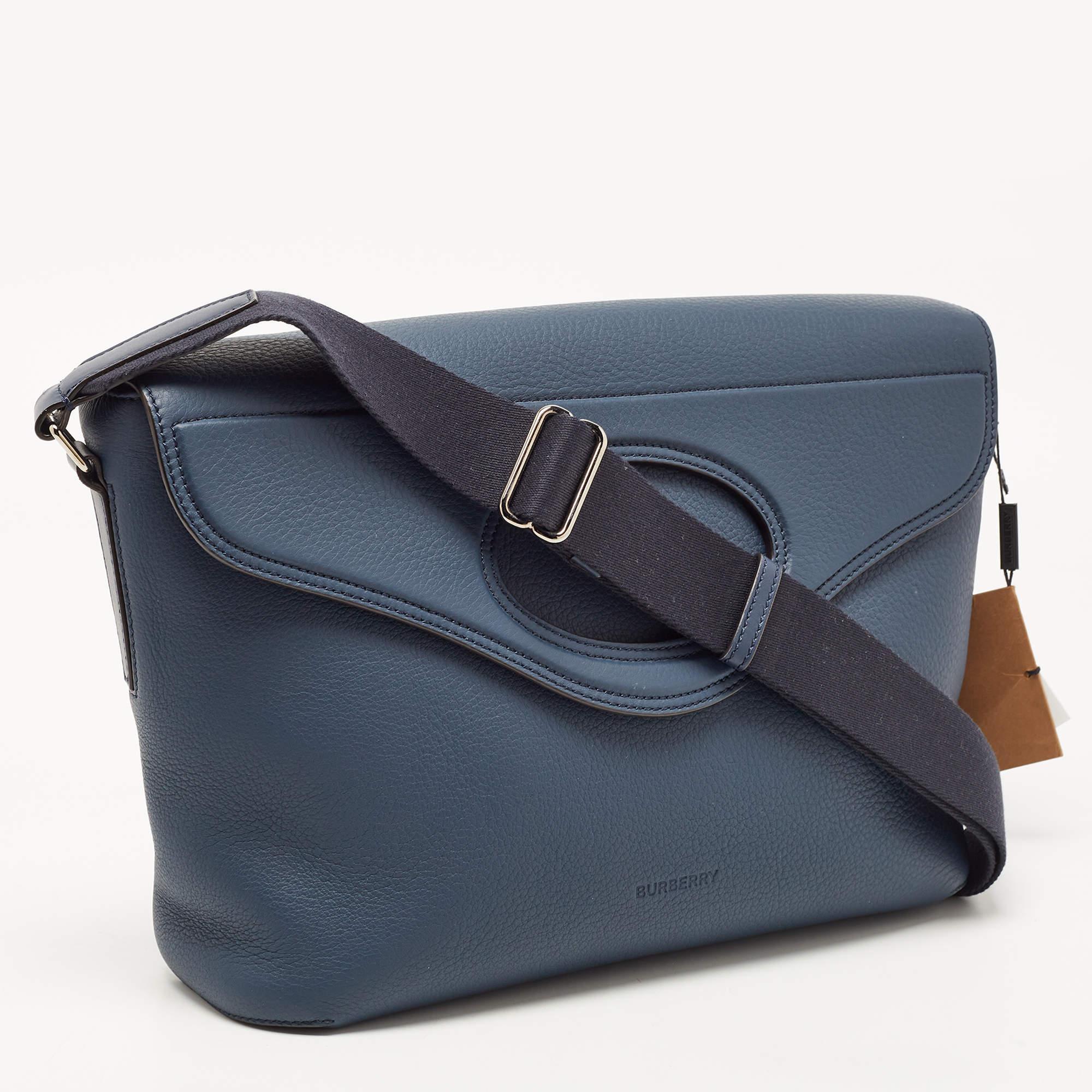 Black Burberry Ash Blue Leather Large Pocket Messenger Bag