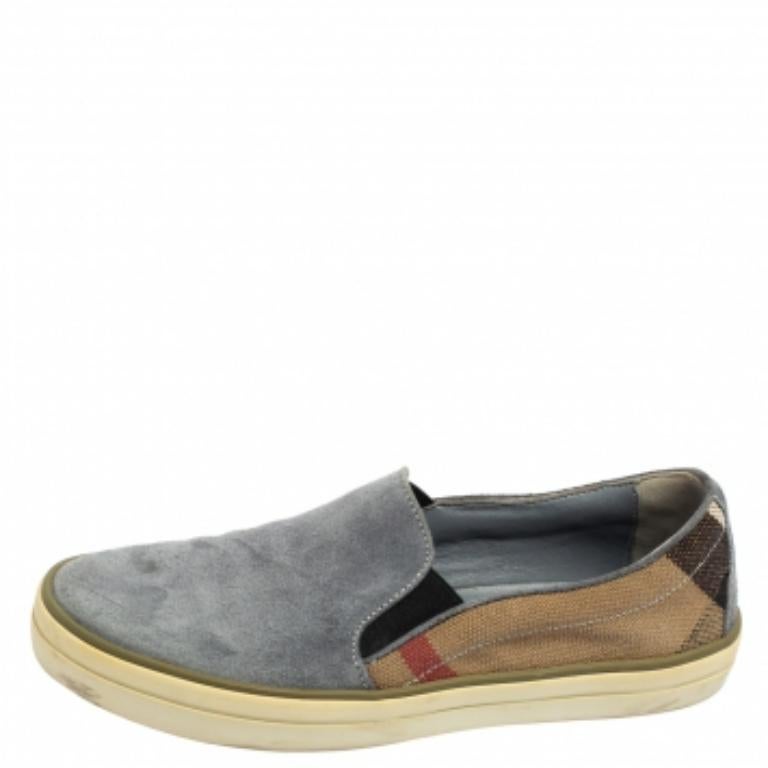 Grigio Burberry Ash Blue Suede and House Check Canvas Slip-On Sneakers Taglia 36.5 in vendita