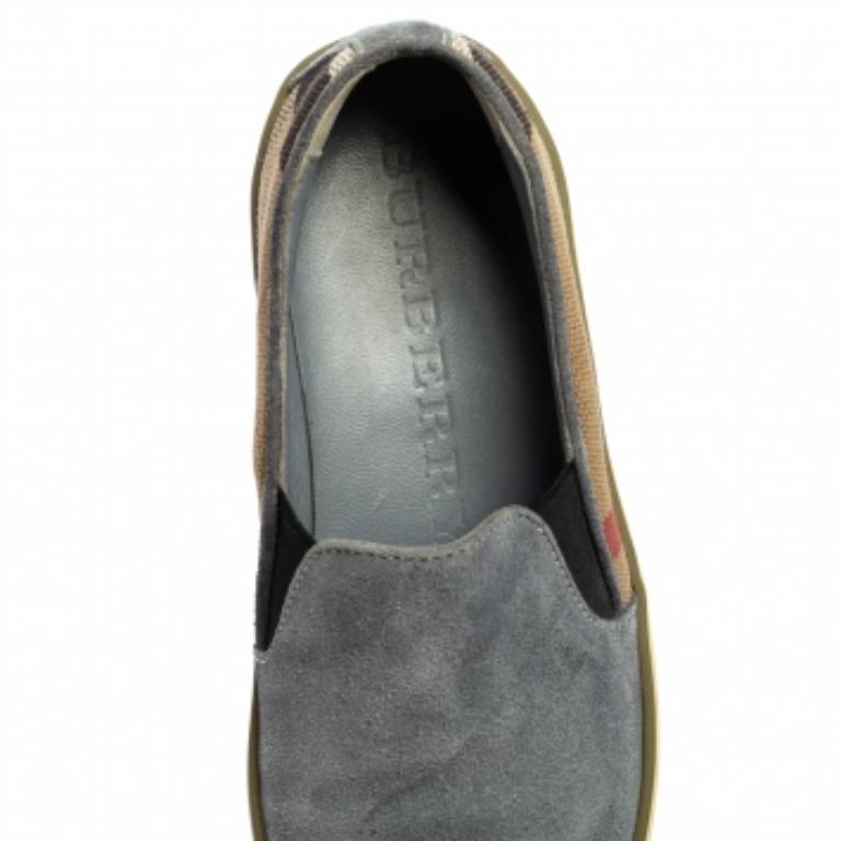 Donna Burberry Ash Blue Suede and House Check Canvas Slip-On Sneakers Taglia 36.5 in vendita