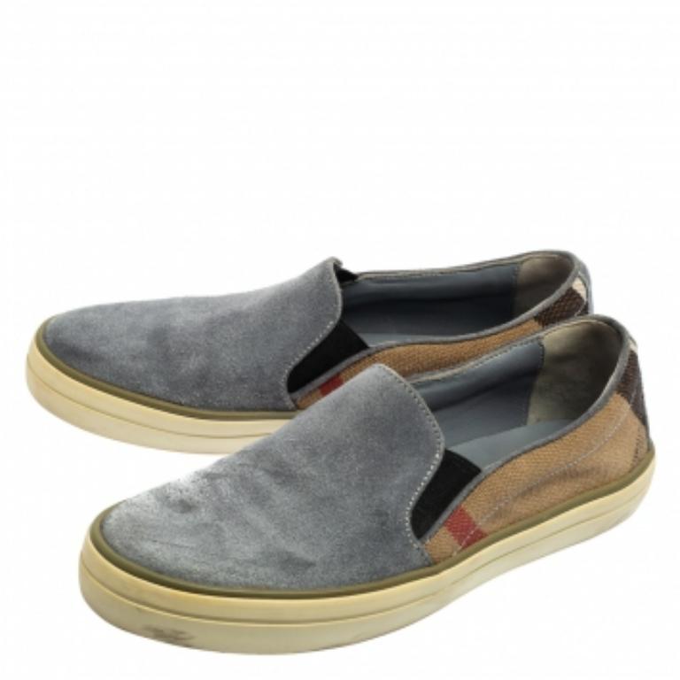 Burberry Ash Blue Suede and House Check Canvas Slip-On Sneakers Taglia 36.5 in vendita 2
