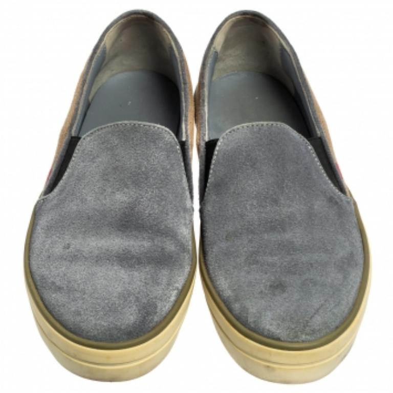 Burberry Ash Blue Suede and House Check Canvas Slip-On Sneakers Taglia 36.5 in vendita 3