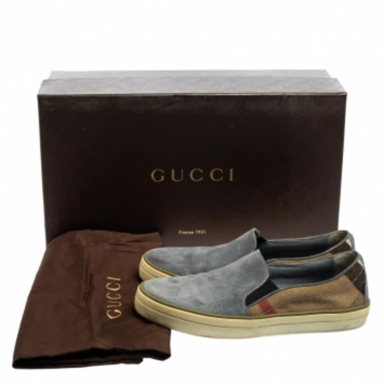 Burberry Ash Blue Suede and House Check Canvas Slip-On Sneakers Taglia 36.5 in vendita 4