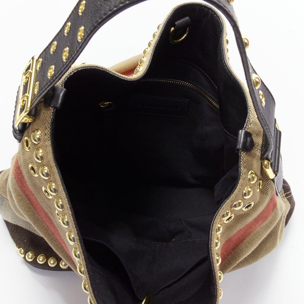 BURBERRY Ashby khaki big house check gold studded black leather bucket bag 5