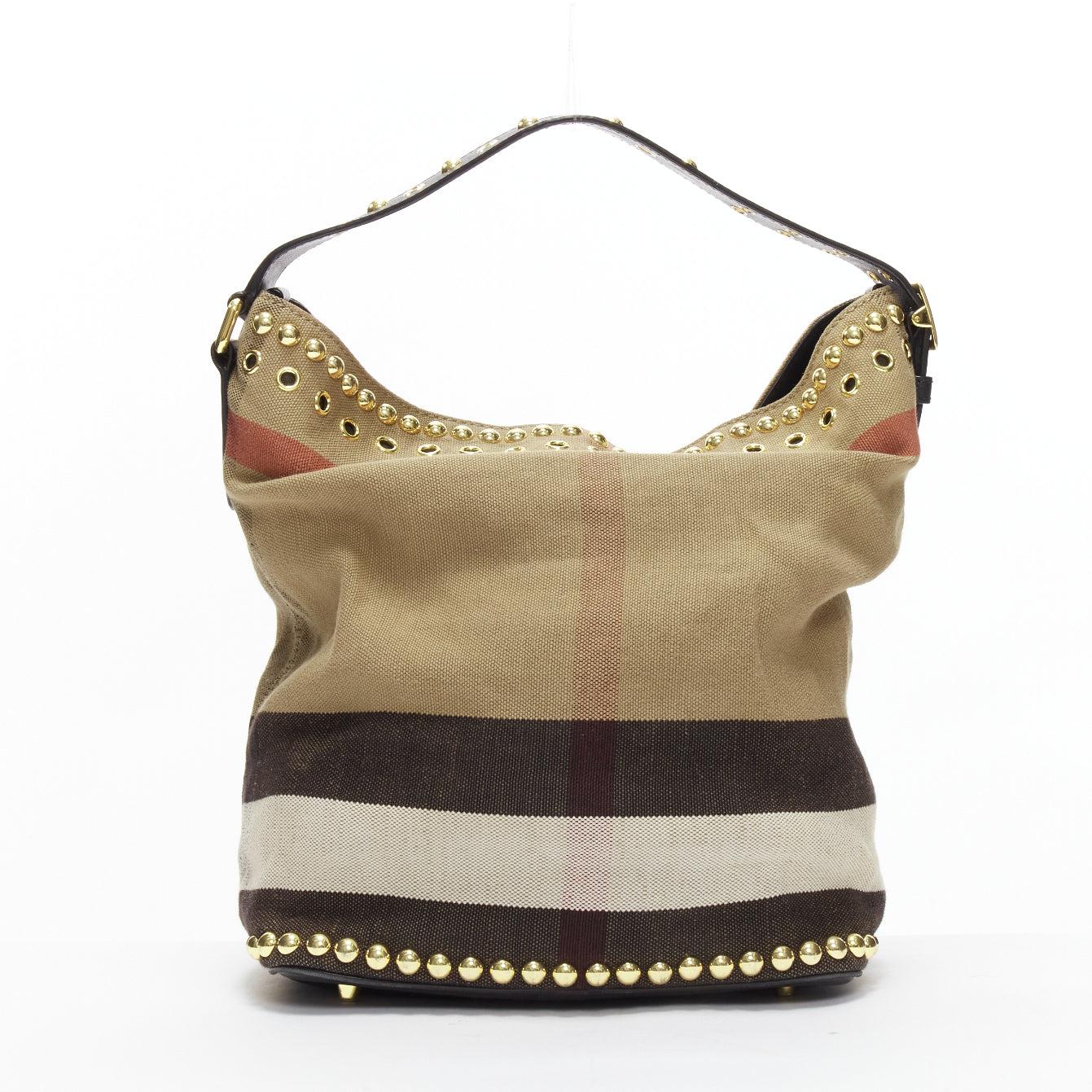 Women's BURBERRY Ashby khaki big house check gold studded black leather bucket bag For Sale
