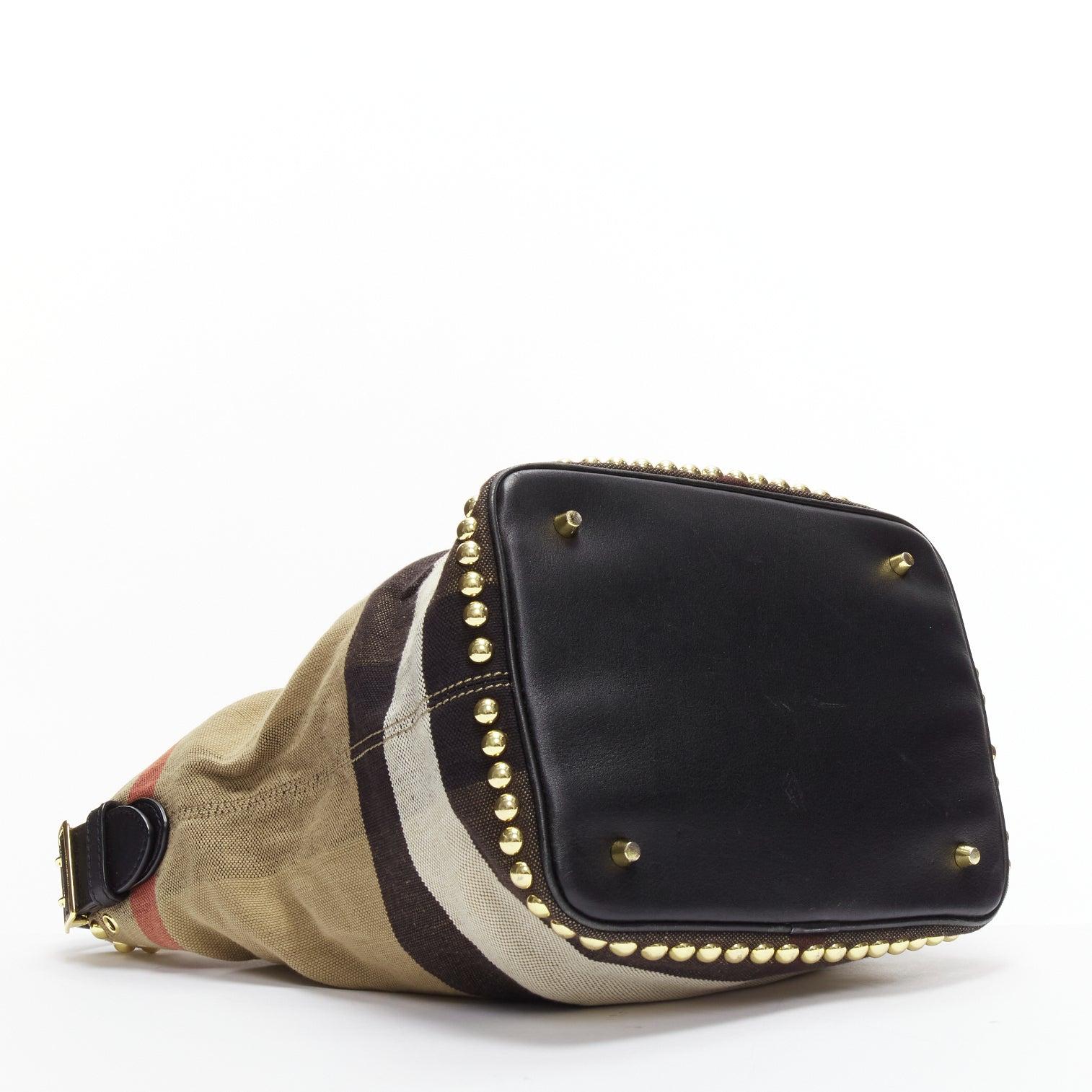BURBERRY Ashby khaki big house check gold studded black leather bucket bag 1