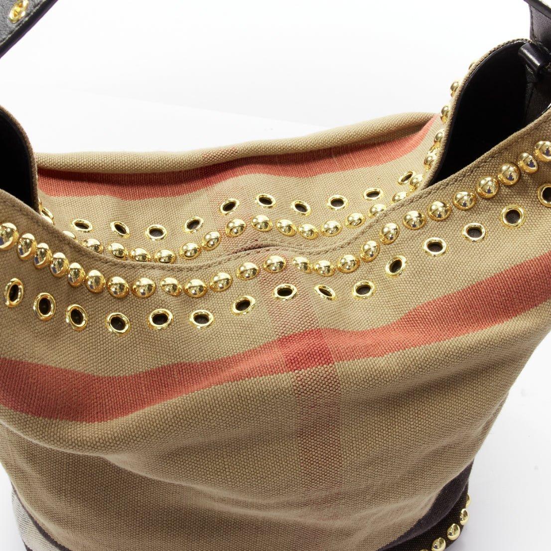 BURBERRY Ashby khaki big house check gold studded black leather bucket bag 2