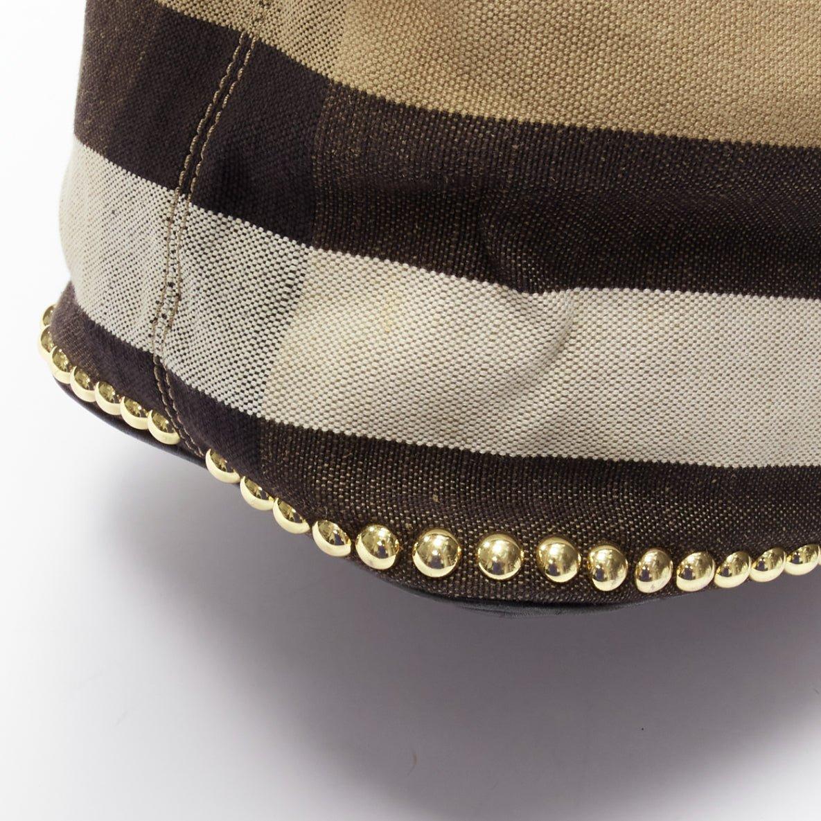 BURBERRY Ashby khaki big house check gold studded black leather bucket bag 3