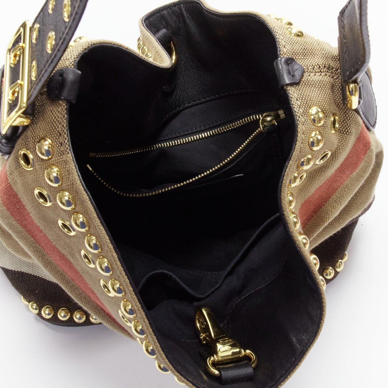 BURBERRY Ashby khaki big house check gold studded black leather bucket bag 4