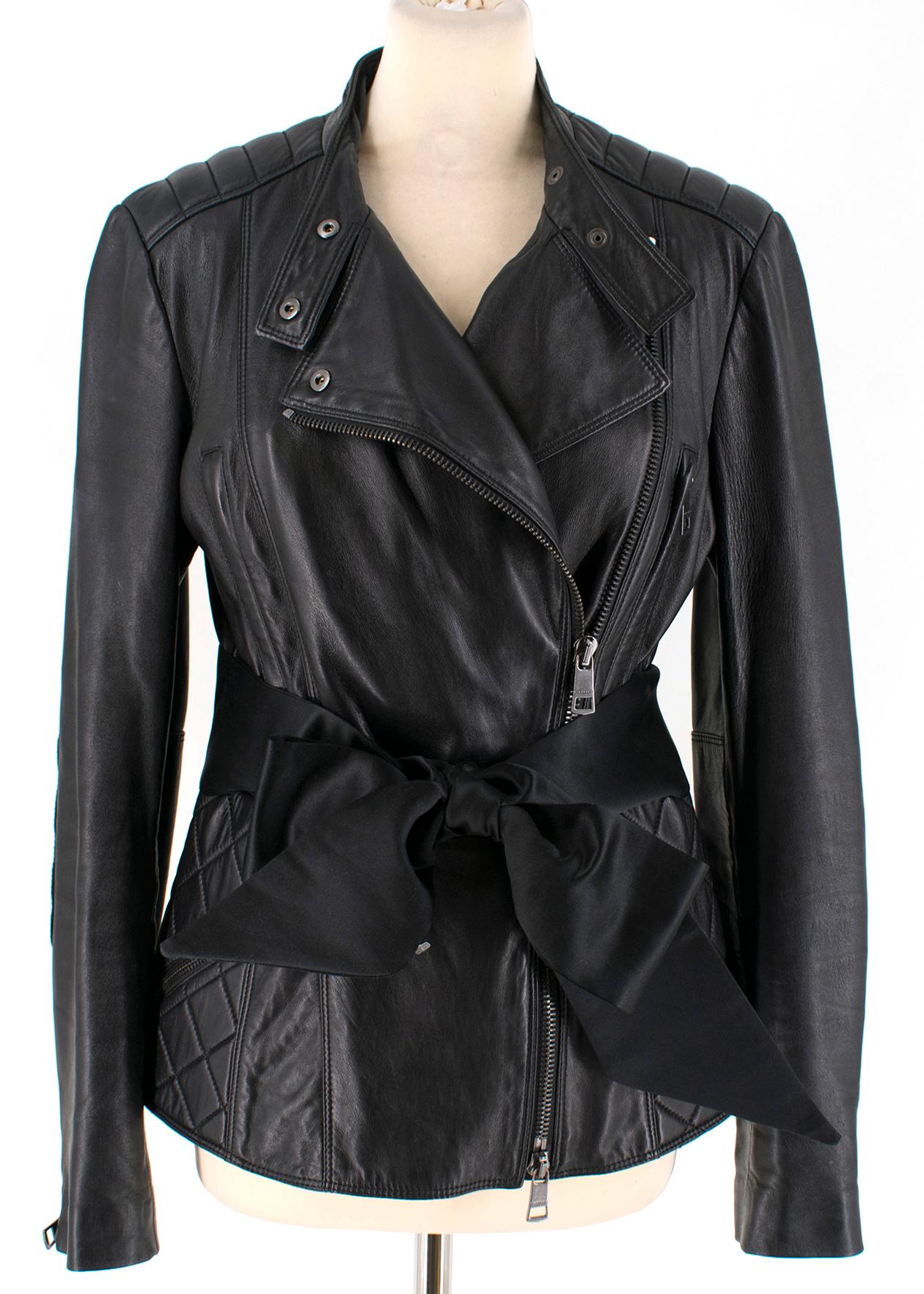 Women's Burberry Asymmetric Zip Black Leather Biker Jacket - Size US 4