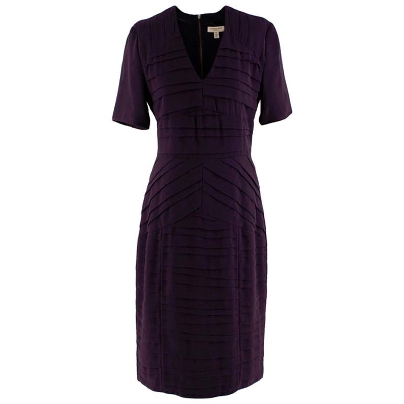 Burberry Aubergine Crepe Pleated Short Dress - Size US 8 For Sale