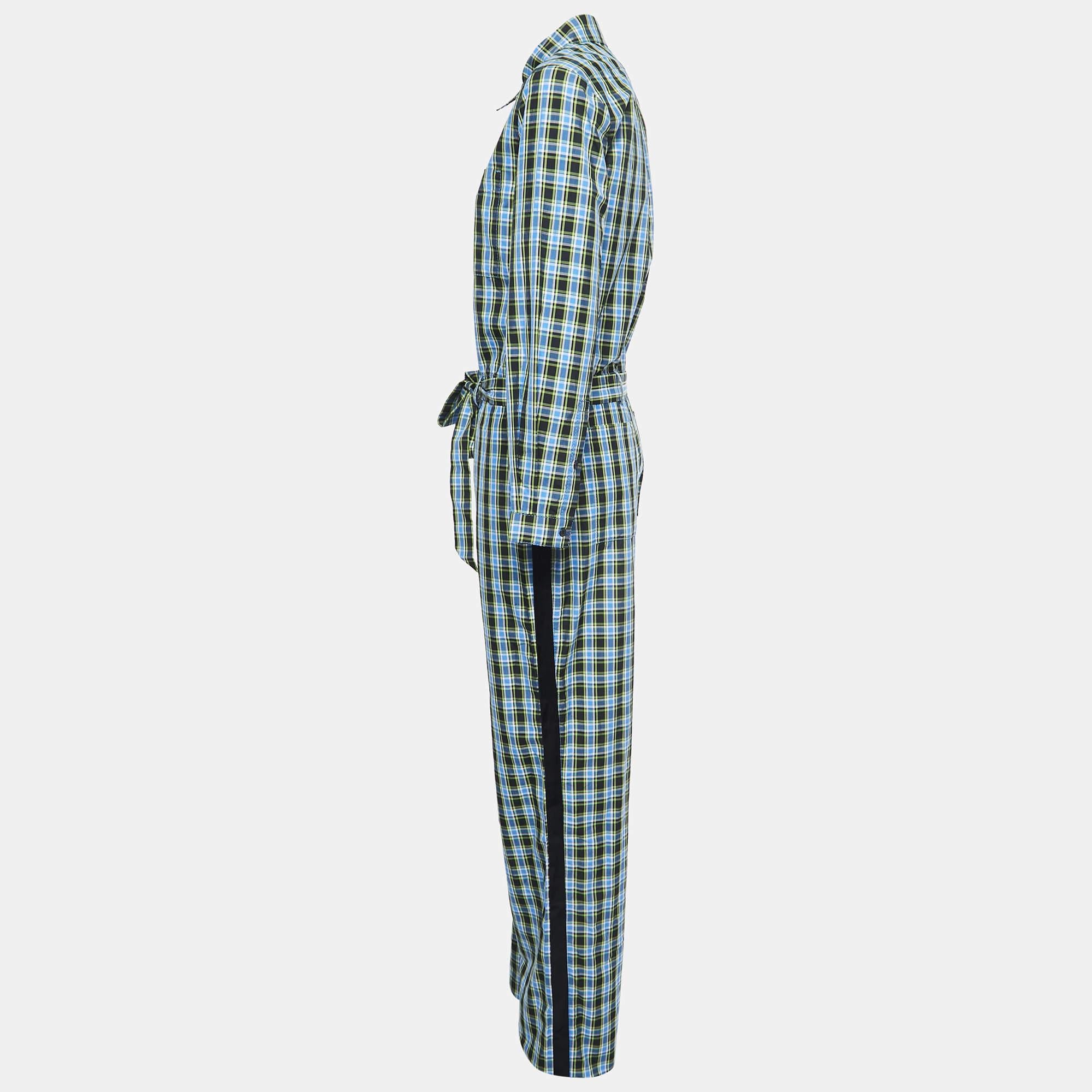 Gray Burberry Azure Blue Checked Cotton Lampton Belted Jumpsuit S