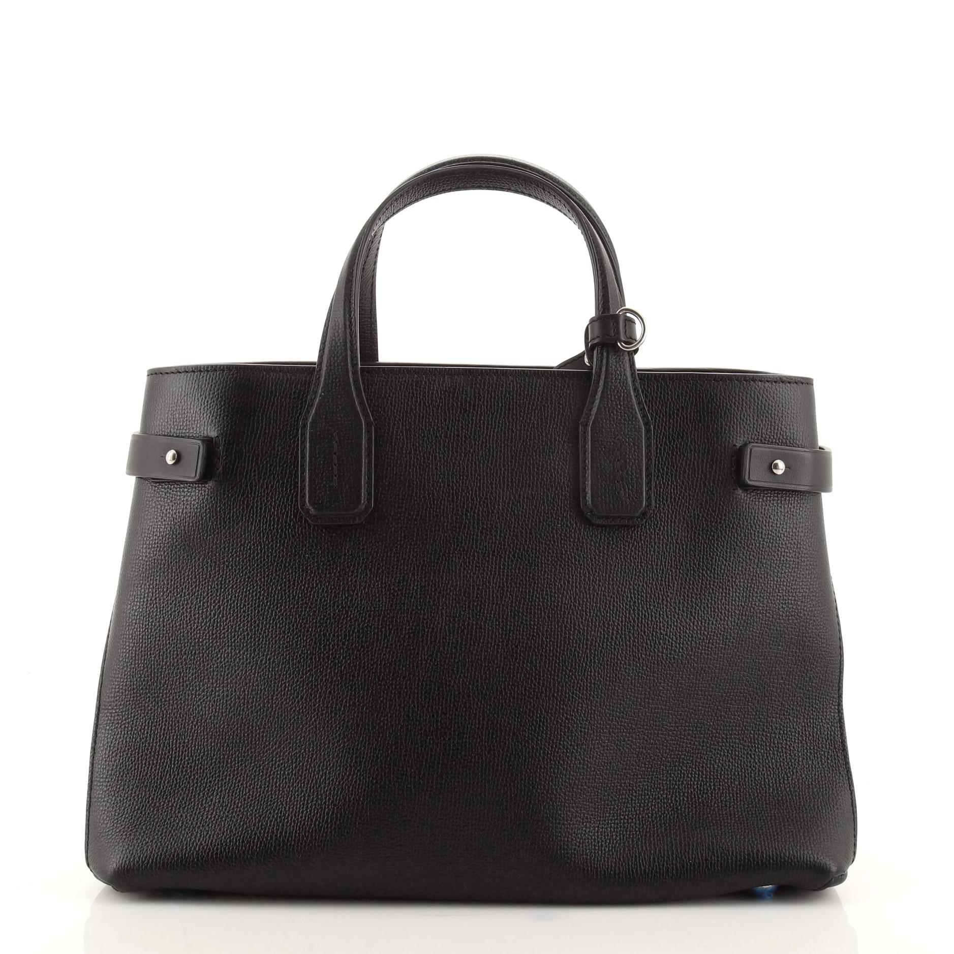 Black Burberry Banner NM Tote Leather with Vintage Check Canvas Medium