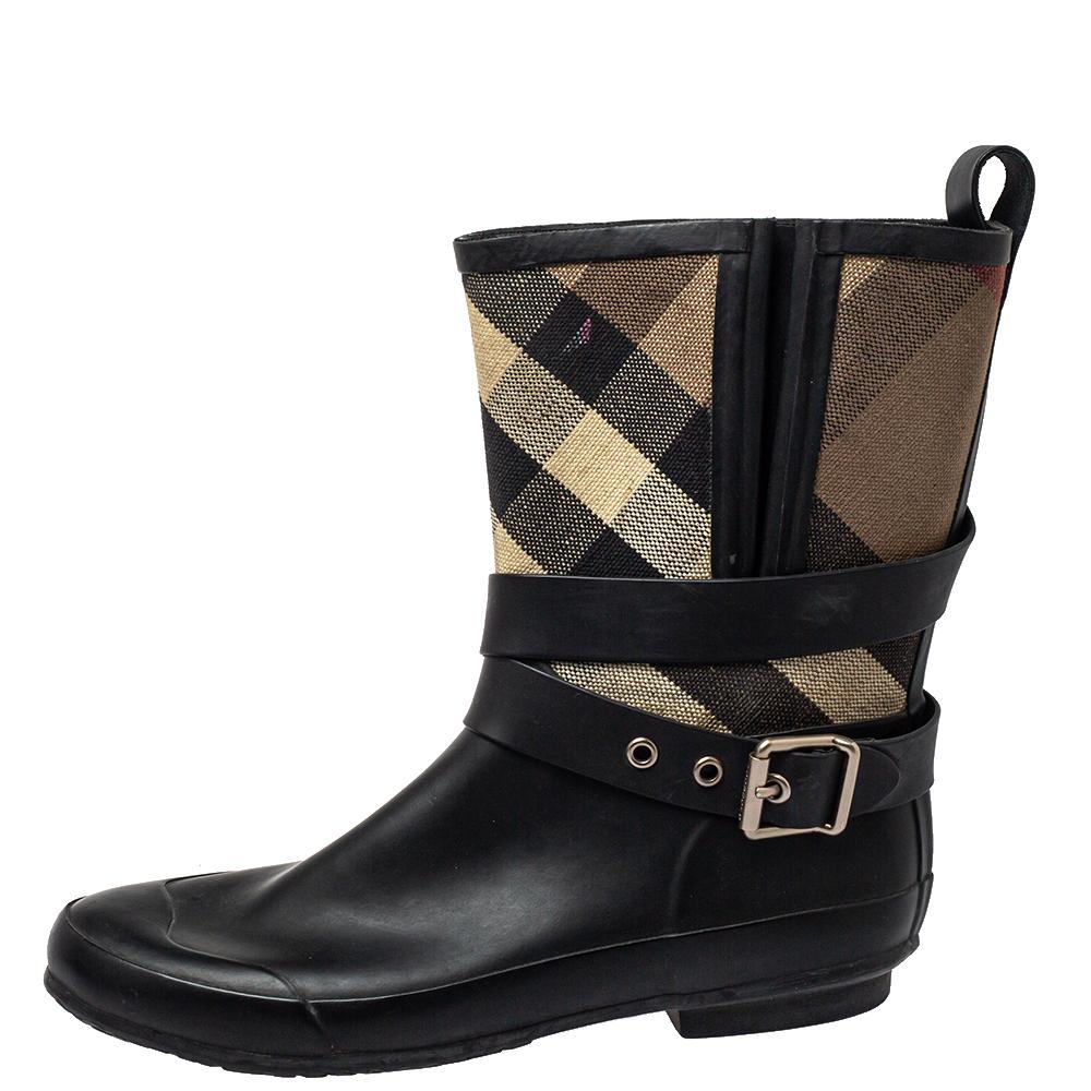 Burberry Beige/Black Check Canvas And Rubber Midcalf Boots Size 39 1