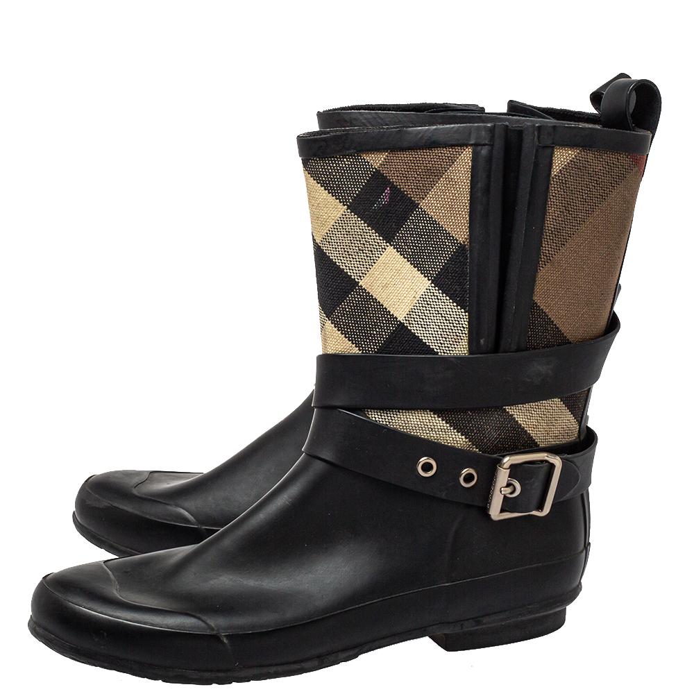Burberry Beige/Black Check Canvas And Rubber Midcalf Boots Size 39 4