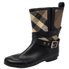 Used Burberry Beige/Black Check Canvas And Rubber Midcalf Boots Size 39