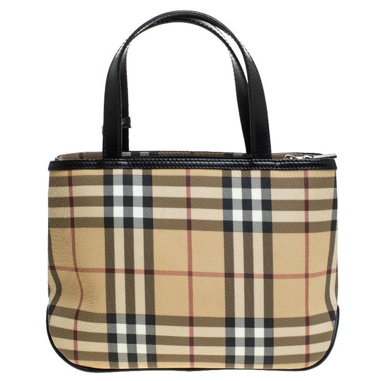 Burberry Beige/Black Coated Canvas Nova Check Tote For Sale at 1stDibs