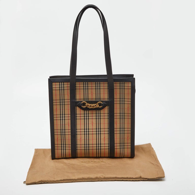 Burberry Beige/Black Haymarket Check Canvas and Leather Trim 1983 Link Tote  For Sale at 1stDibs