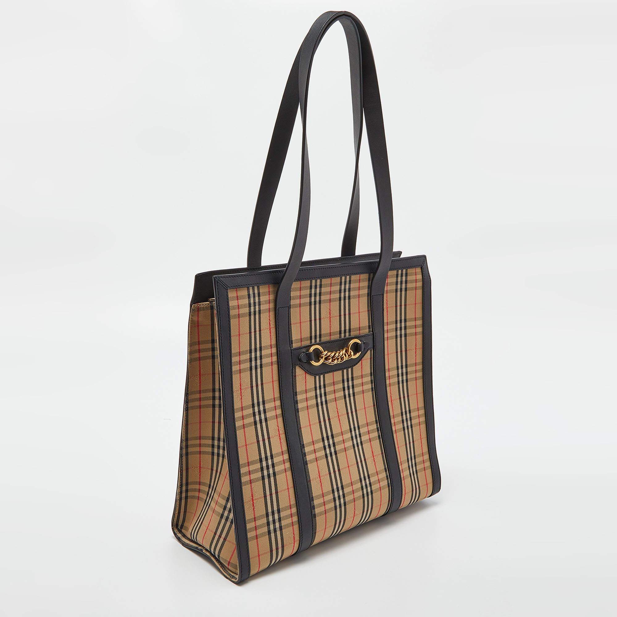 Brown Burberry Beige/Black Haymarket Check Canvas and Leather Trim 1983 Link Tote
