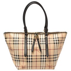 Used Burberry Beige/Black Haymarket Check Coated Canvas And Leather Zip Tote