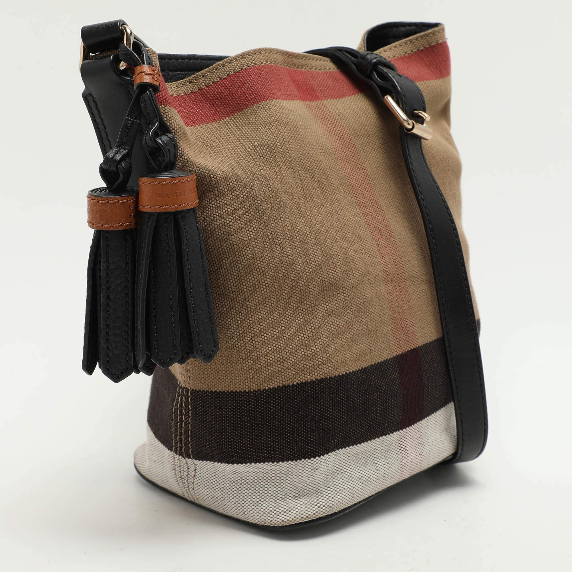 Brown Burberry Beige/Black House Check Canvas and Leather Ashby Bucket Bag