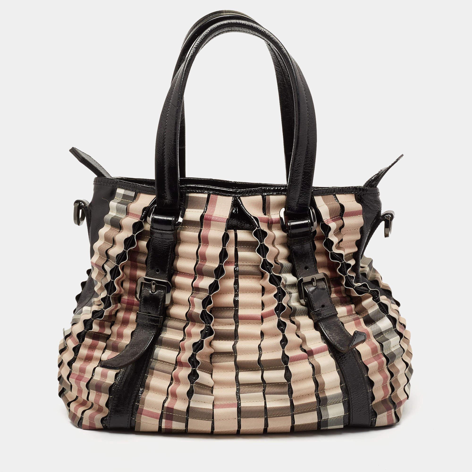 Women's Burberry Beige/Black House Check PVC and Patent Leather Cartridge Pleat Tote