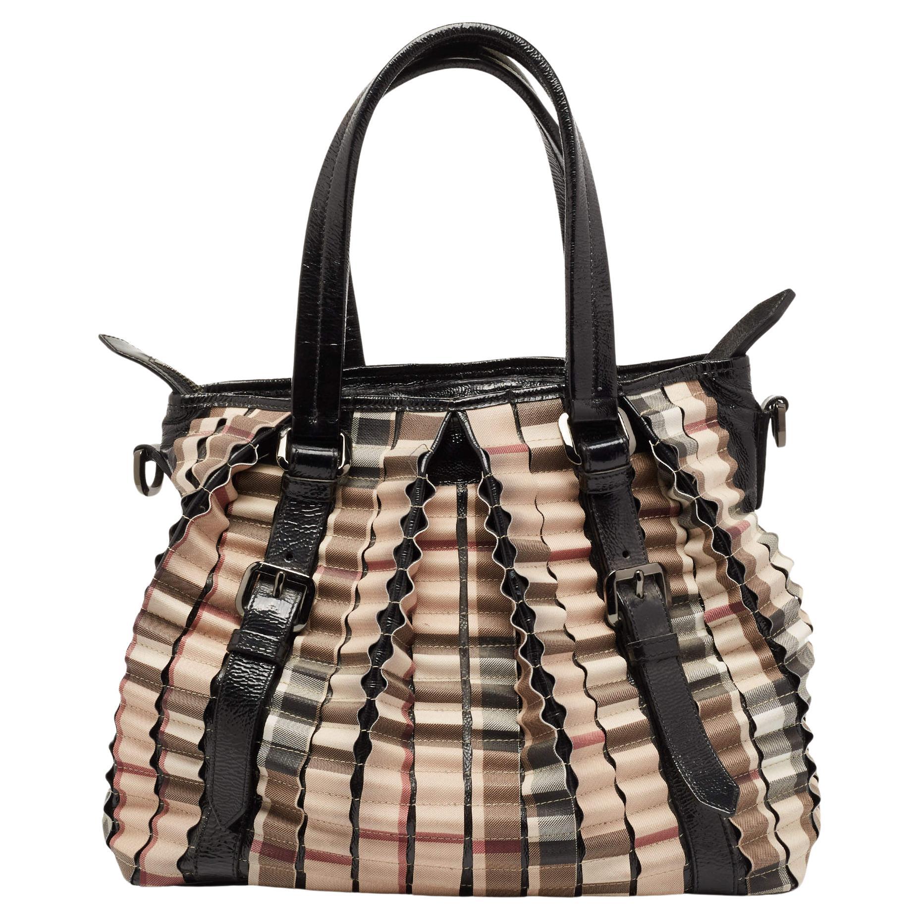 Burberry Beige/Black House Check PVC and Patent Leather Cartridge Pleat Tote