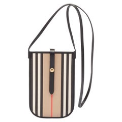 Burberry Beige/Black Icon Stripe Coated Canvas Leather Anne Phone Pouch w/ Strap