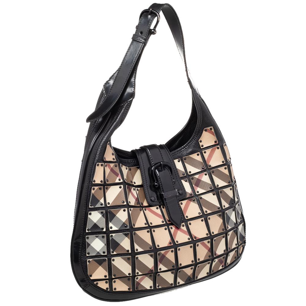 De las mujeres Burberry Beige/Negro Nova Check Lienzo y Piel Brooke Guerrero Hobo con Tachuelas