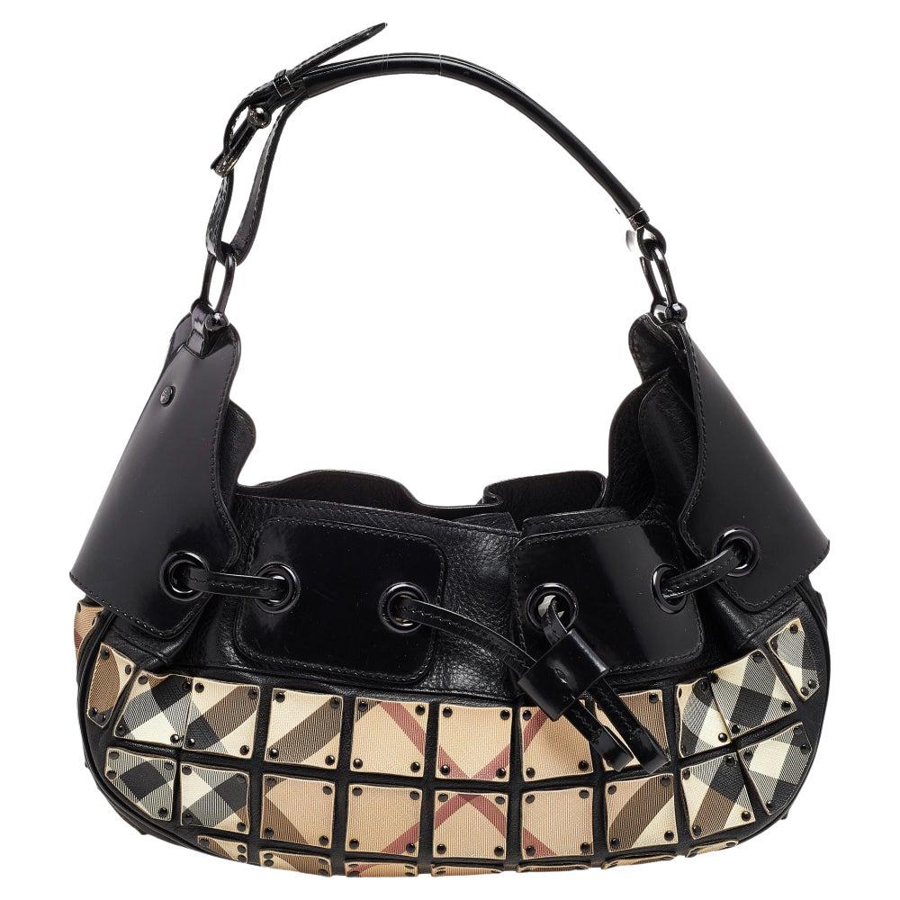 Burberry Beige/Black Nova Check Coated Canvas and Leather Small Warrior Hobo