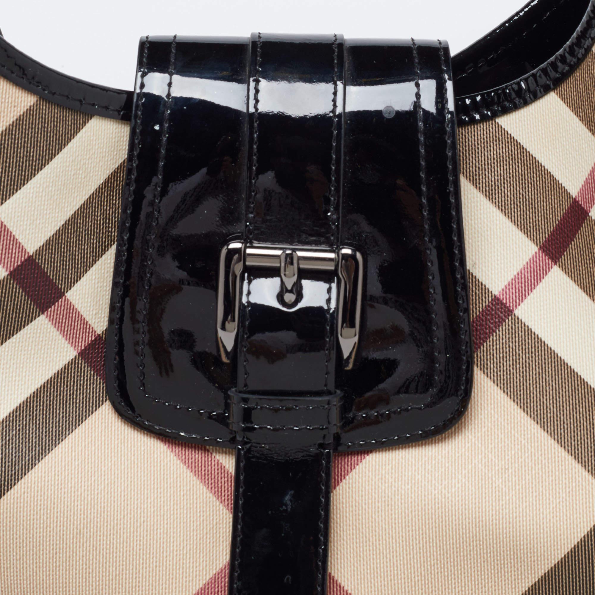 Women's Burberry Beige/Black Nova Check PVC and Patent Leather Brooke Hobo
