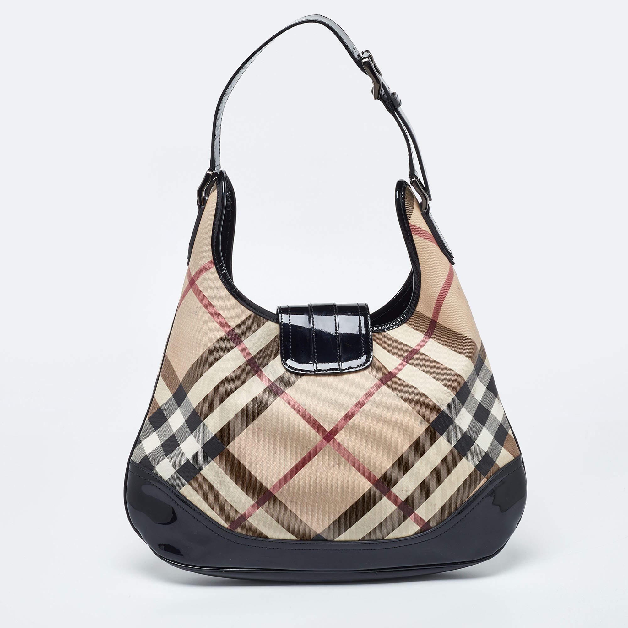Burberry Beige/Black Nova Check PVC and Patent Leather Brooke Hobo For Sale 5