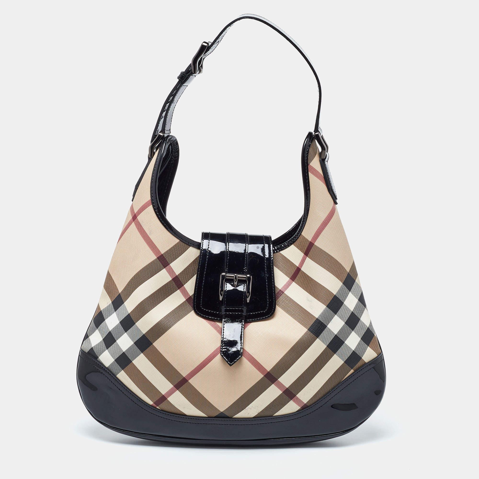 Burberry Beige/Black Nova Check PVC and Patent Leather Brooke Hobo For Sale