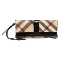Burberry Beige/Black Nova Check PVC and Patent Leather Fold Over Wristlet Clutch