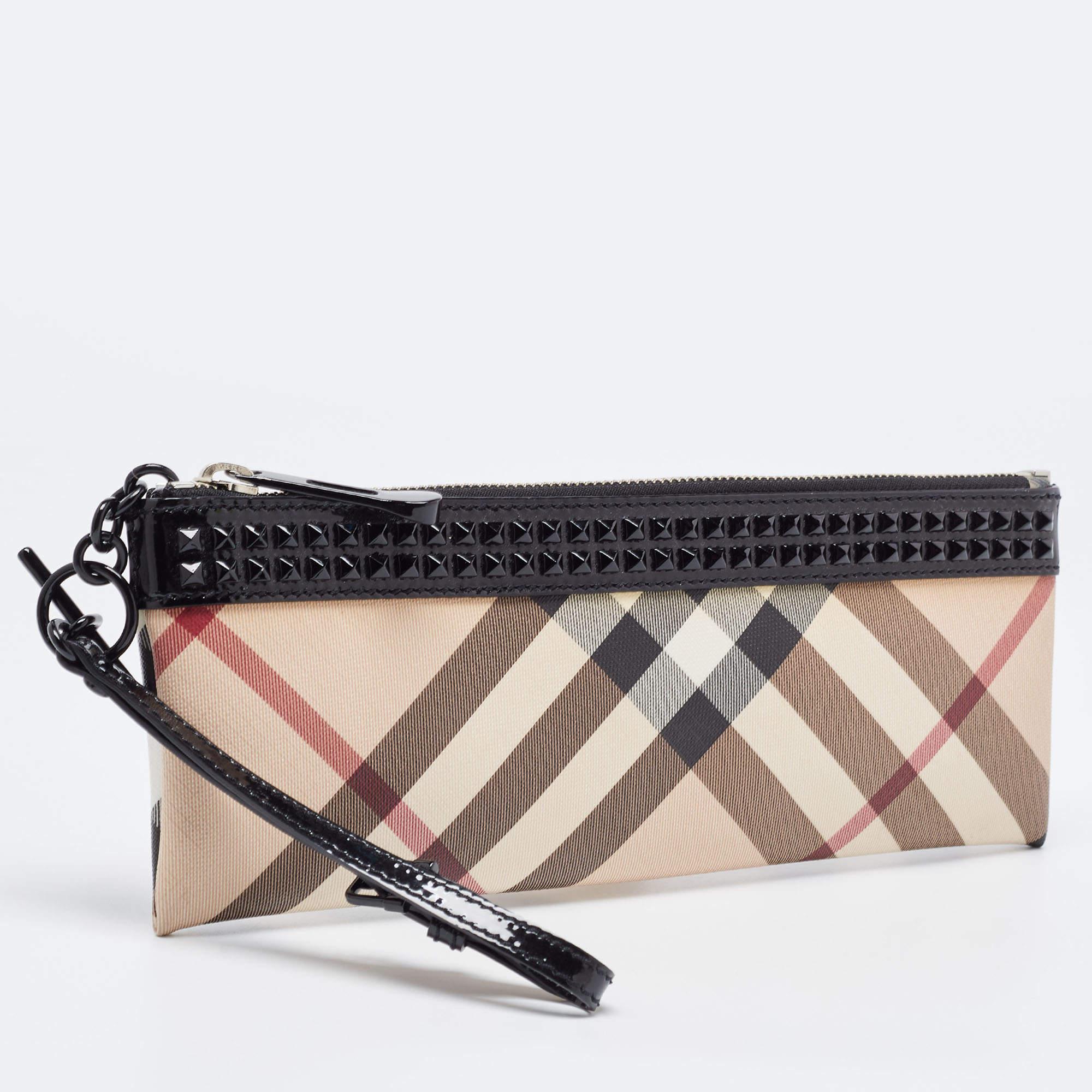 Brown Burberry Beige/Black Nova Check PVC and Patent Leather Studded Wristlet Clutch