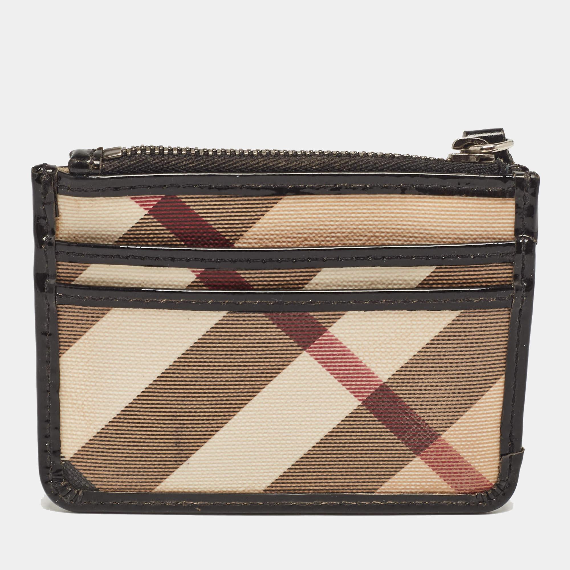 Women's Burberry Beige/Black Nova Check PVC and Patent Leather Zip Coin Purse For Sale