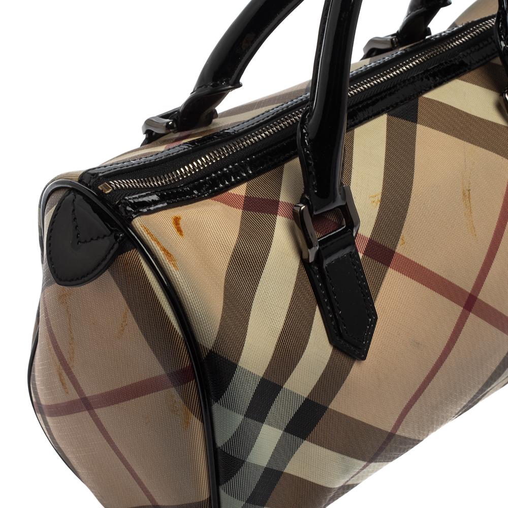 Brown Burberry Beige/Black Supernova Check Coated Canvas and Patent Leather Boston Bag