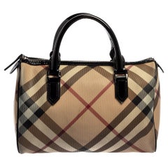 Burberry Beige/Black Supernova Check Coated Canvas and Patent Leather Boston Bag