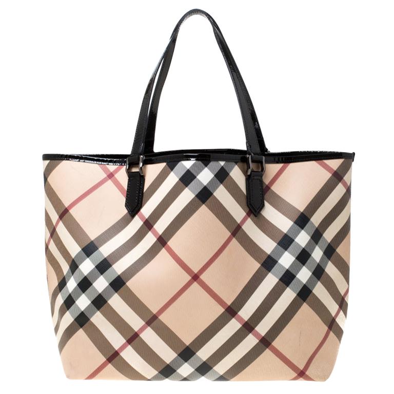 Burberry Beige/Black Supernova Check Coated Canvas Nickie Tote For Sale at  1stDibs