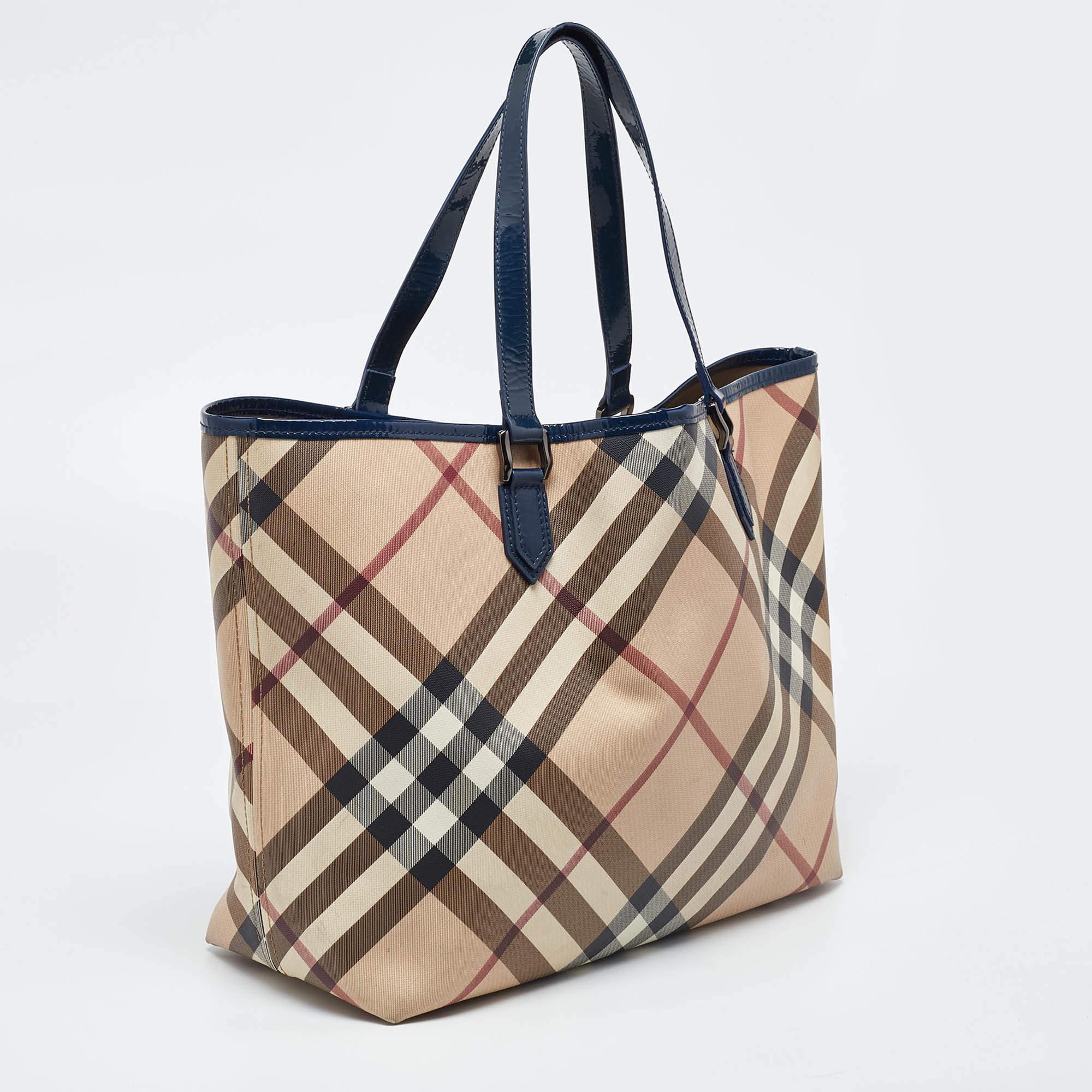 Brown Burberry Beige/Blue Nova Check PVC and Patent Leather Shopper Tote