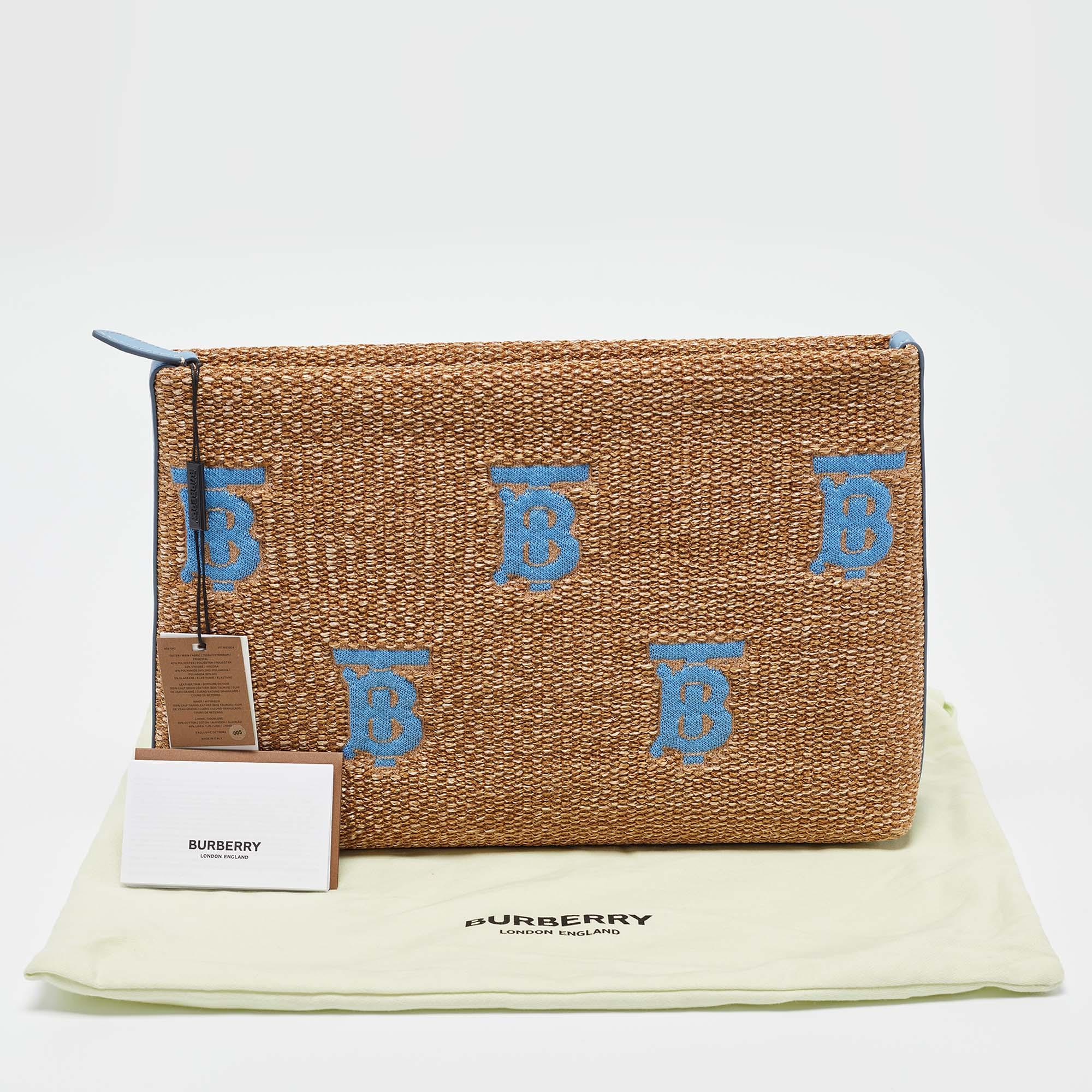 Burberry Beige/Blue Straw and Leather Duncan Clutch For Sale 6