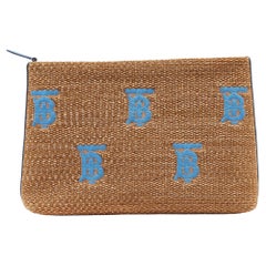 Used Burberry Beige/Blue Straw and Leather Duncan Clutch