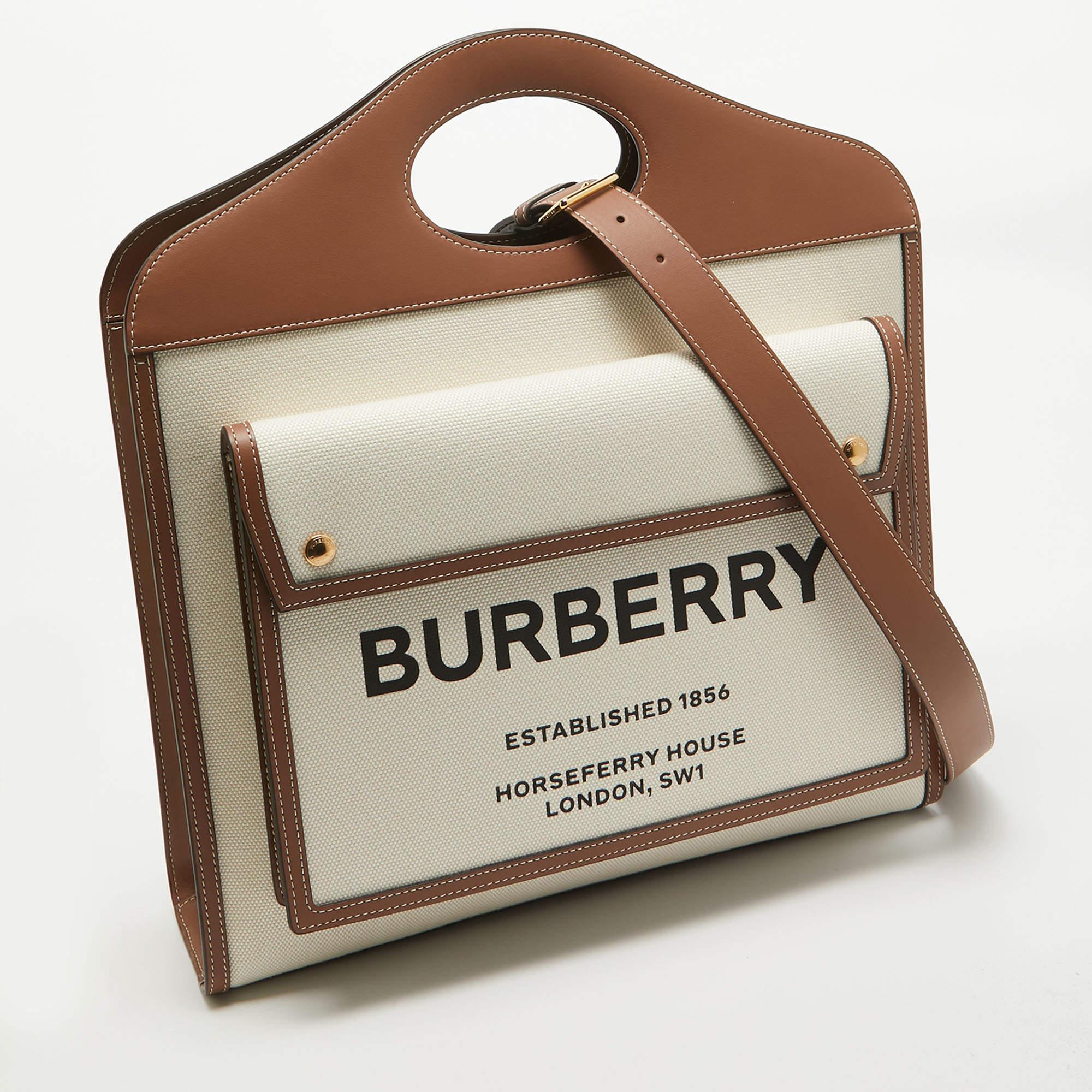 Bolso mediano de bolsillo Burberry en lona y piel beige/marrón Beige