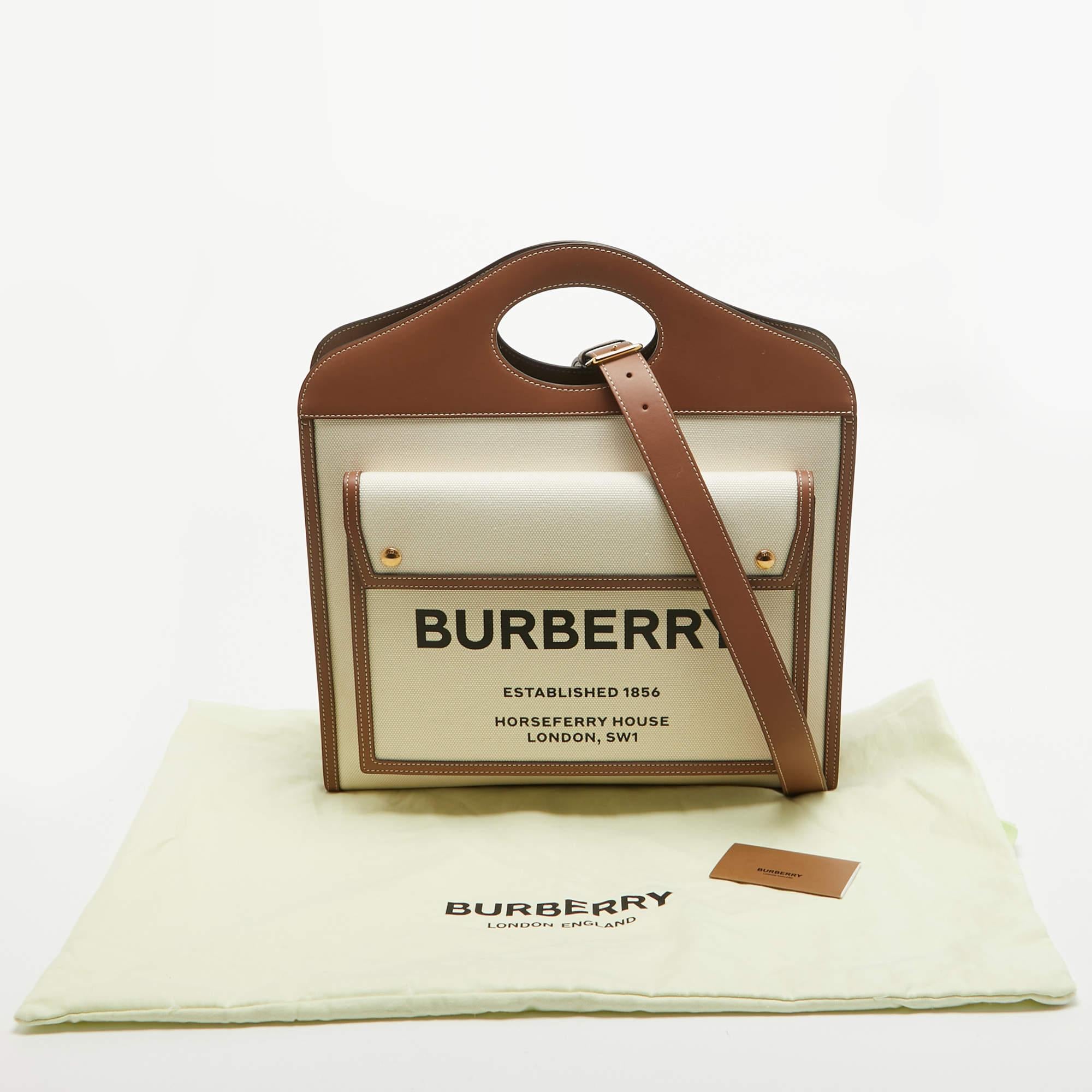 Bolso mediano de bolsillo Burberry en lona y piel beige/marrón 4