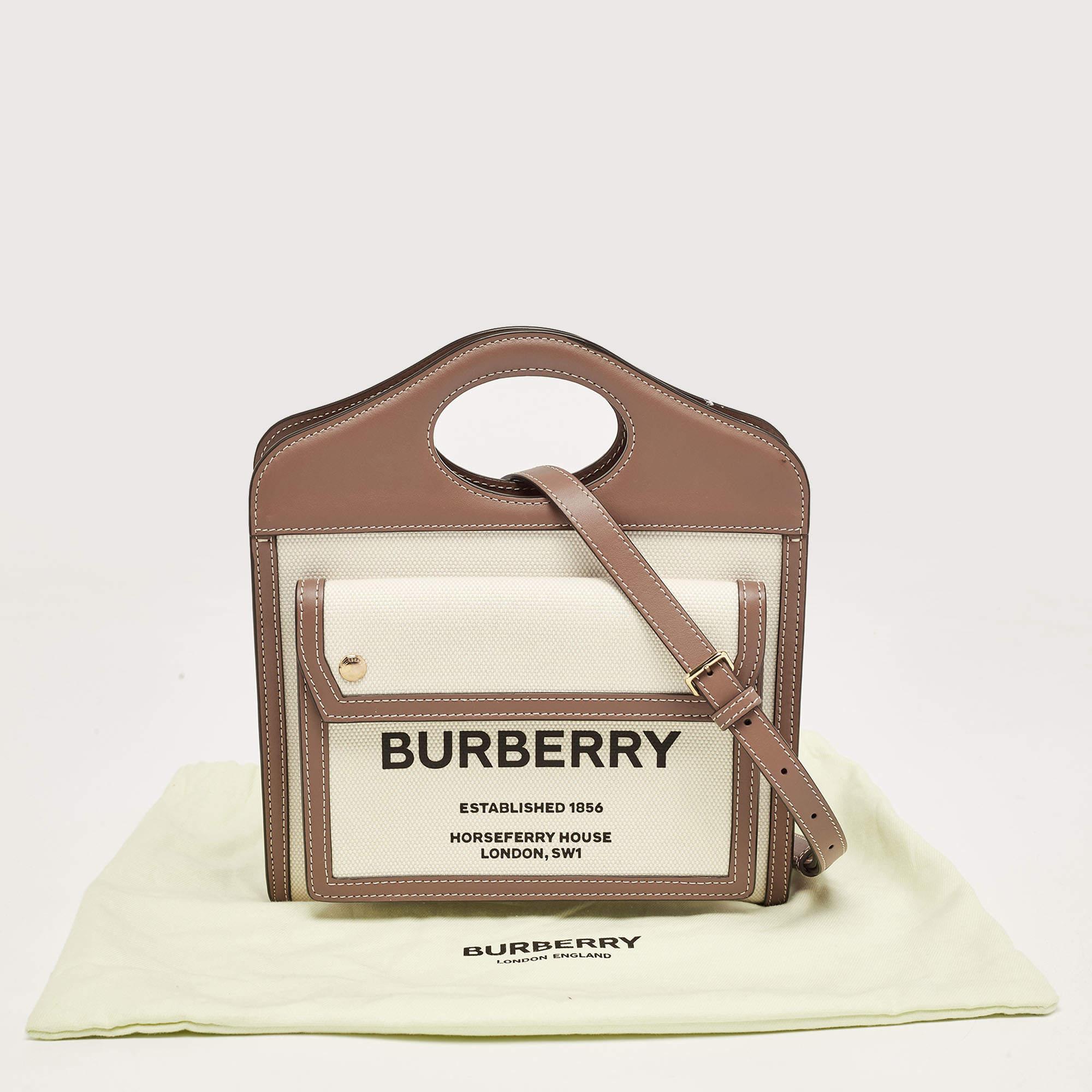 Burberry Beige/Brown Canvas and Leather Mini Pocket Tote For Sale 6