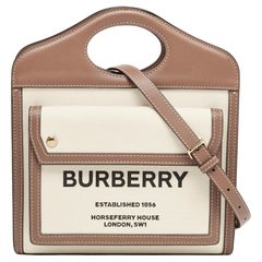 Mini fourre-tout de poche en toile et cuir beige/brun de Burberry