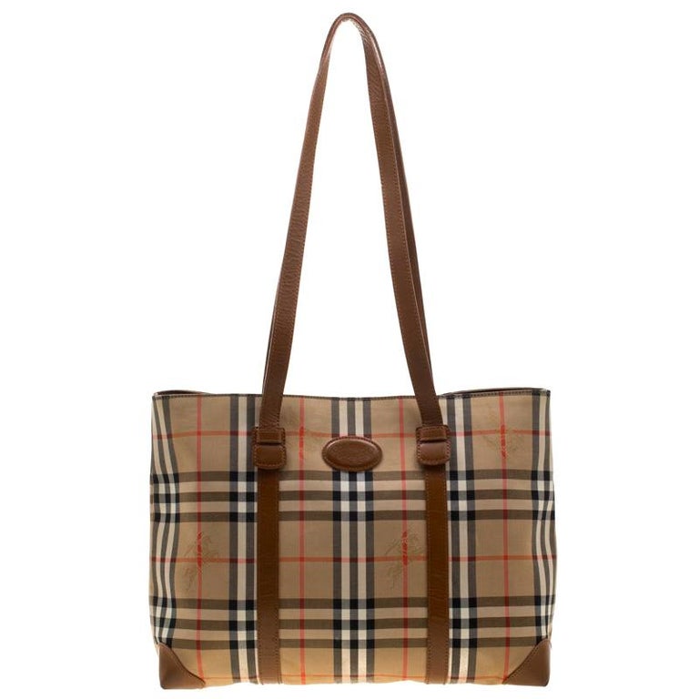 Burberry Beige/Brown Canvas and Leather Vintage Haymarket Check Tote ...
