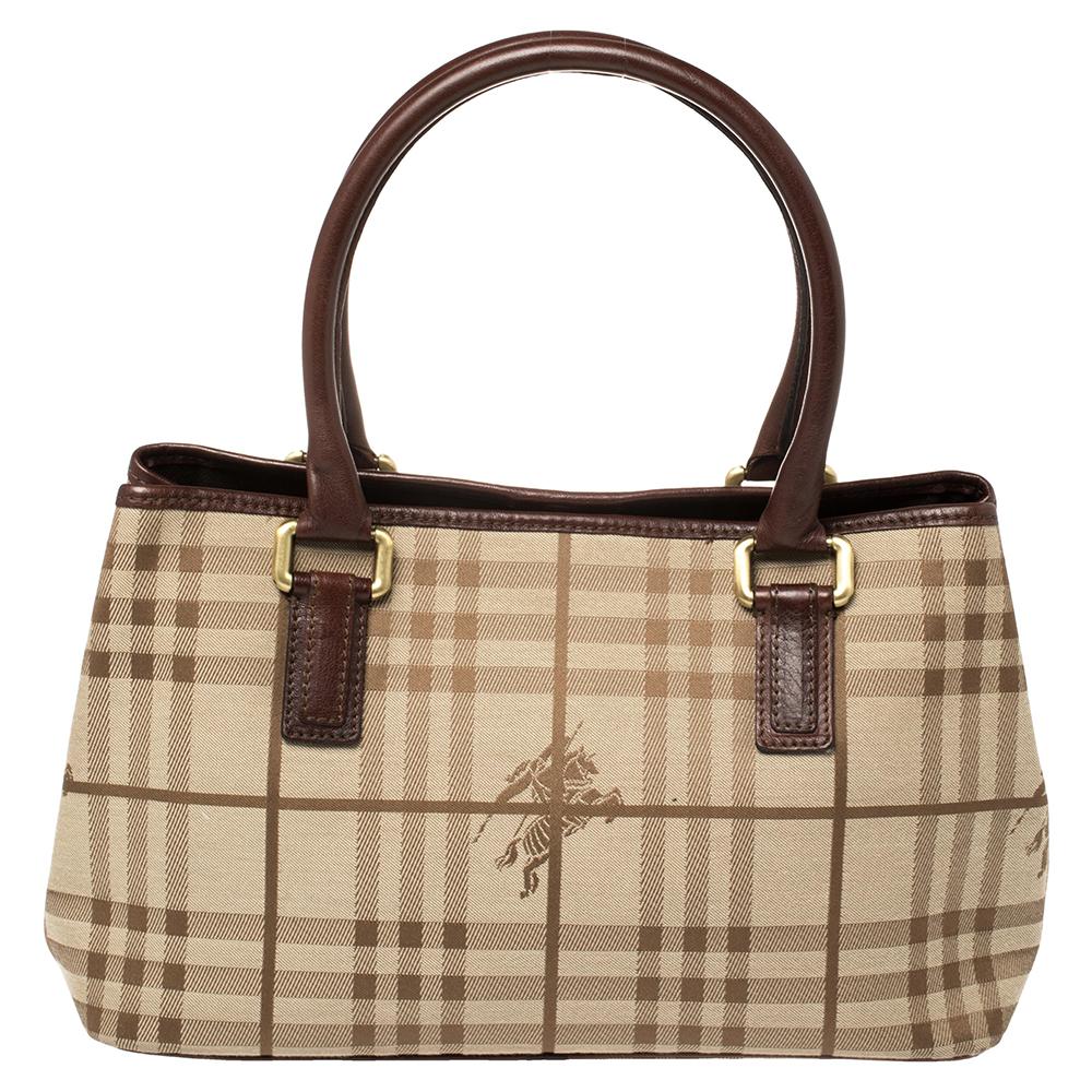 Women's Burberry Beige/Brown Haymarket Check Canvas and Leather Tote